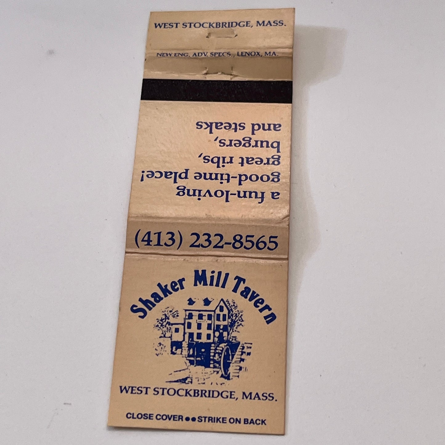 Shaker Mill Tavern West Stockbridge MA Vintage Matchbook Cover TB6-MB1-11