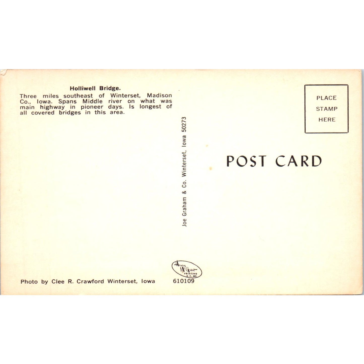 Holliwell Bridge Winterset Iowa Vintage Covered Bridge Postcard PC16