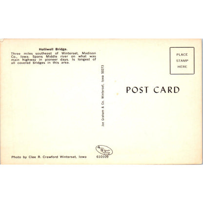 Holliwell Bridge Winterset Iowa Vintage Covered Bridge Postcard PC16