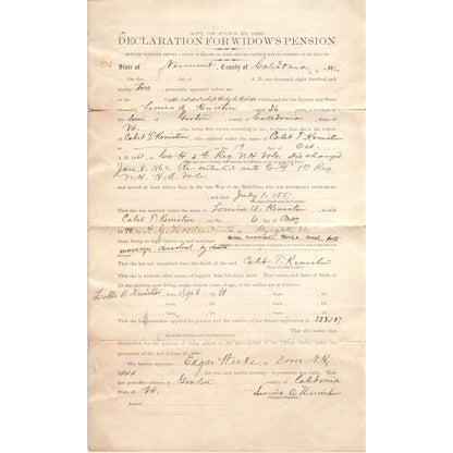 1890 Declaration for Widow's Pension Louisa A Keniston Groton VT AF7-E6