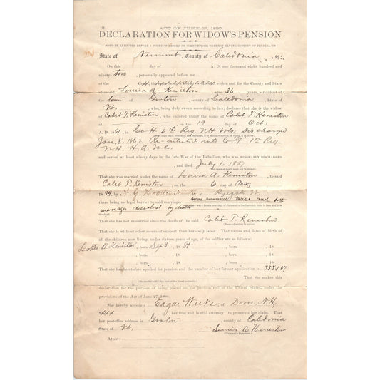 1890 Declaration for Widow's Pension Louisa A Keniston Groton VT AF7-E6