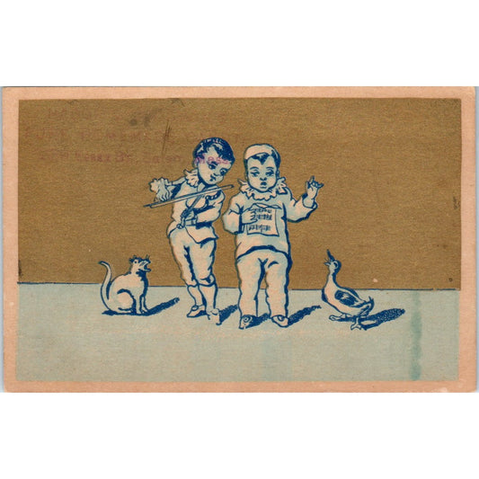 Nador Homemade Candy Salem MA Boys Cat Duck c1880 Victorian Trade Card AB6-1