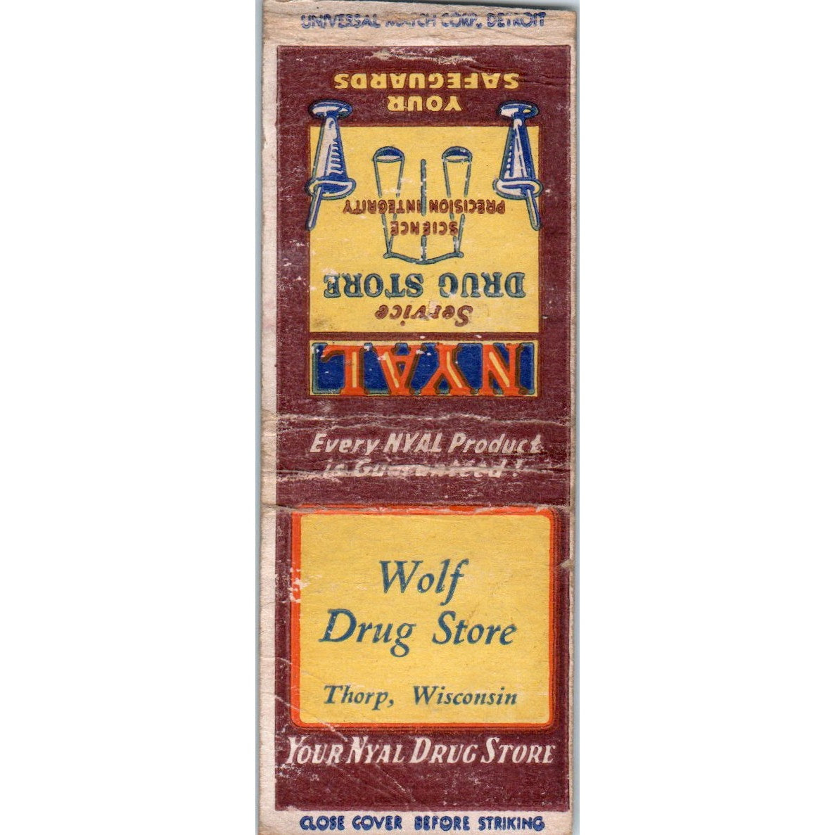 Wolf Drug Store Nyal Thorp Wisconsin Vintage Matchbook Cover SD4-Y4