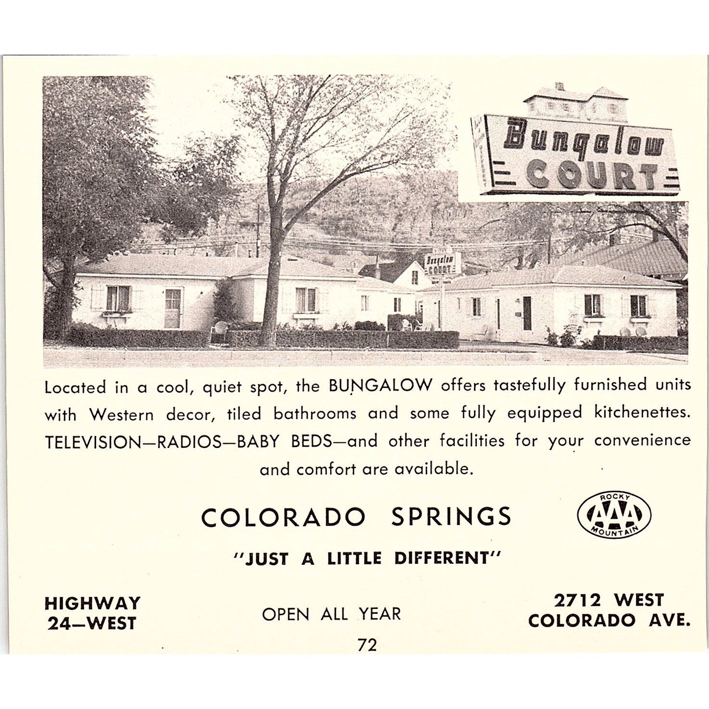Bungalow Court, Siesta Motel Colorado Springs CO 1958 Ad AG1-H2