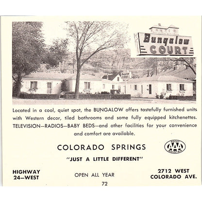 Bungalow Court, Siesta Motel Colorado Springs CO 1958 Ad AG1-H2