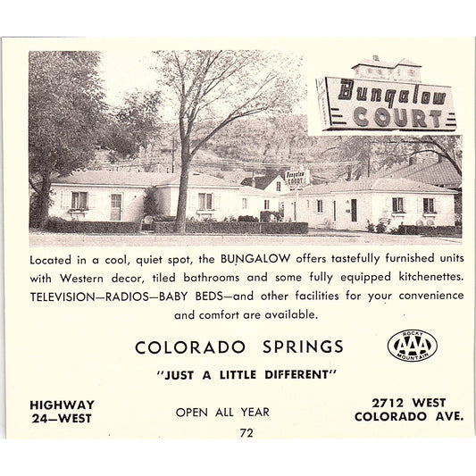 Bungalow Court, Siesta Motel Colorado Springs CO 1958 Ad AG1-H2