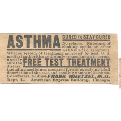 Asthma Remedy Frank Whetzel Chicago IL 1910 Magazine Ad AF1-SS7
