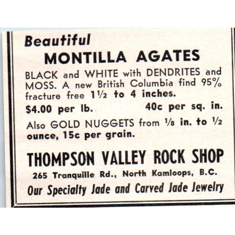 Thompson Valley Rock Shop Montilla Agates North Kamloops BC 1964 Ad AB6-M1