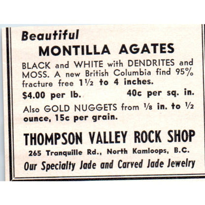 Thompson Valley Rock Shop Montilla Agates North Kamloops BC 1964 Ad AB6-M1