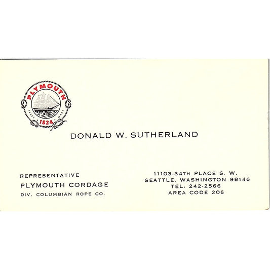 Donald W Sutherland Plymouth Cordage Seattle WA Vintage Business Card SD9-B12