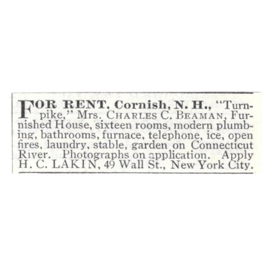 Cornish NH Home Charles C. Beaman H.C. Lakin NY 1903 Magazine Ad AF7-SS3