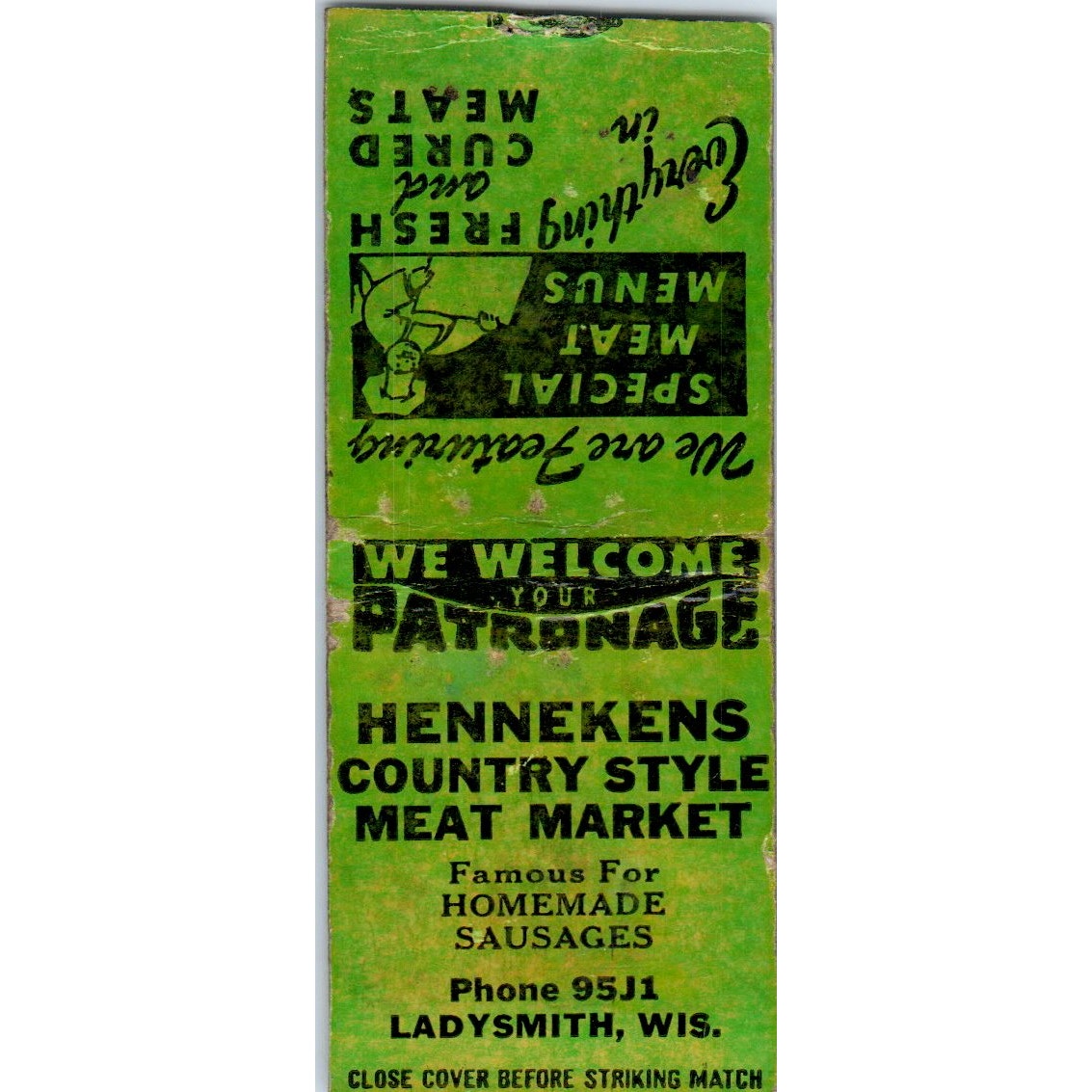 Hennekens Meat Market Ladysmith WI Vintage Matchbook Cover SD2-Y12