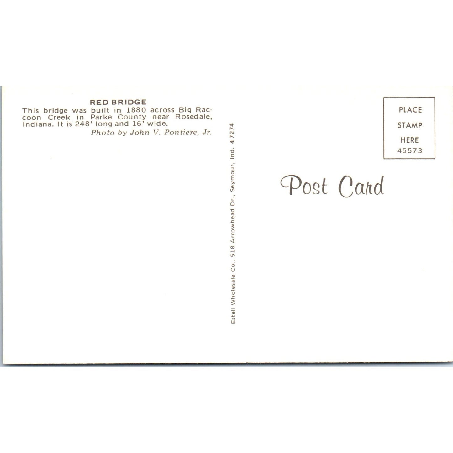 Red Bridge Big Raccoon Creek Parke County IN Covered Bridge Postcard PC1