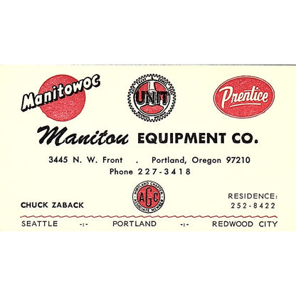 Manitou Equipment Co. Chuck Zaback Portland Oregon Vintage Business Card SB4-B5