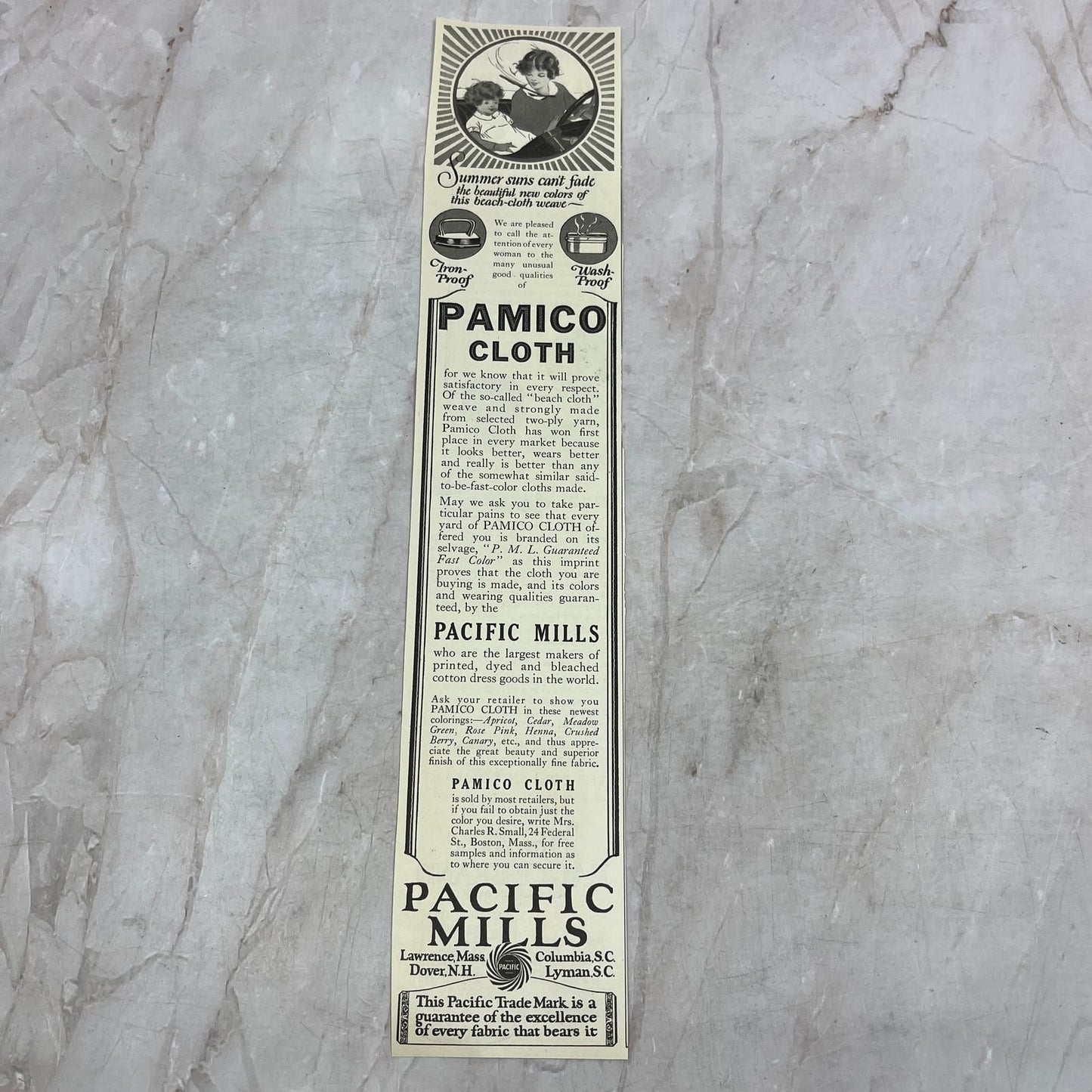 Pamico Cloth Pacific Mills Dover NH Lyman Columbia SC 1924 Magazine Ad FL6-11