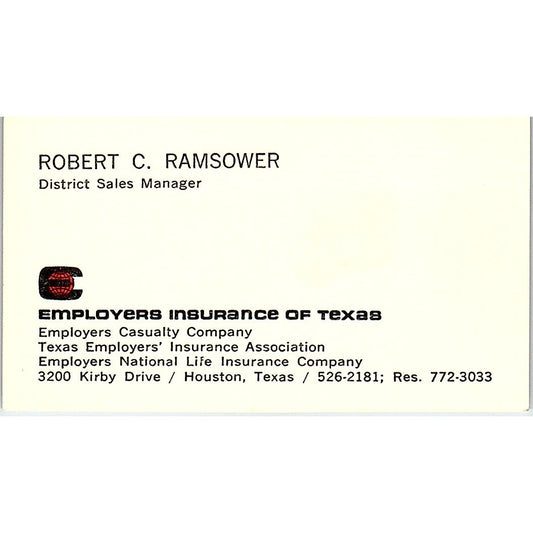 Robert C Ramsower Employers Ins of Texas Houston Vintage Business Card SD9-B6