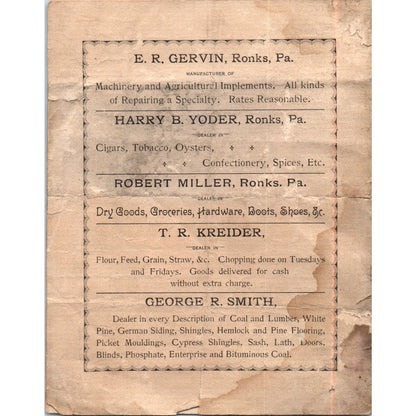 1890 Ronks School Entertainment Program Ronks Lancaster County PA D21