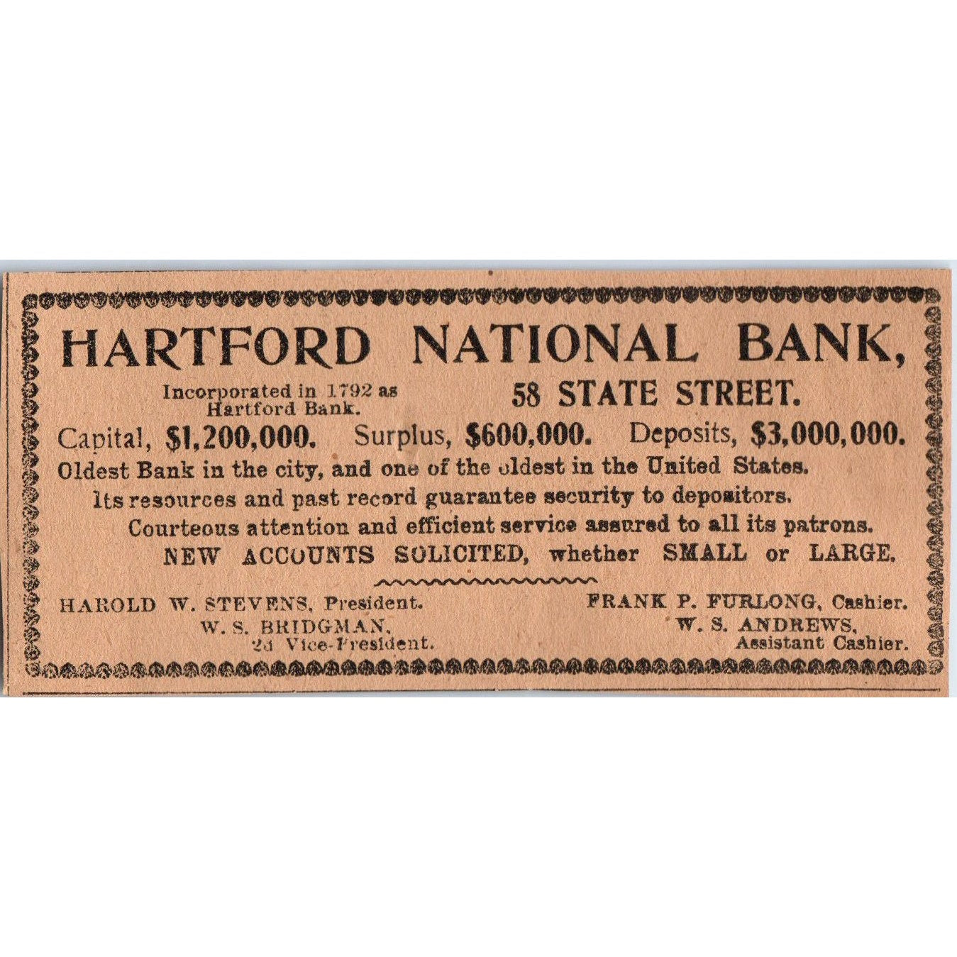 Hartford National Bank Harold W Stevens Frank P Furlong 1901 Newspaper Ad AD8-H3