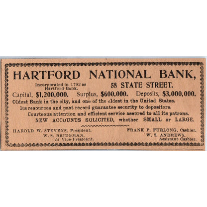 Hartford National Bank Harold W Stevens Frank P Furlong 1901 Newspaper Ad AD8-H3