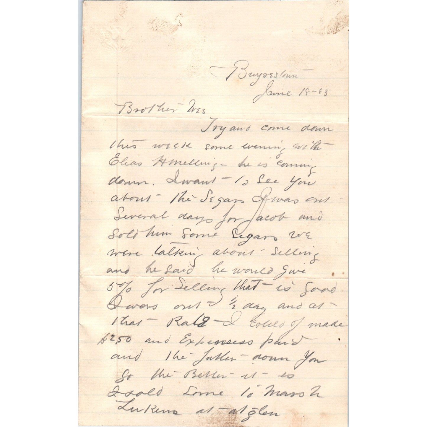 1883 Handwritten Letter Buyoestown B.E. Leman D21