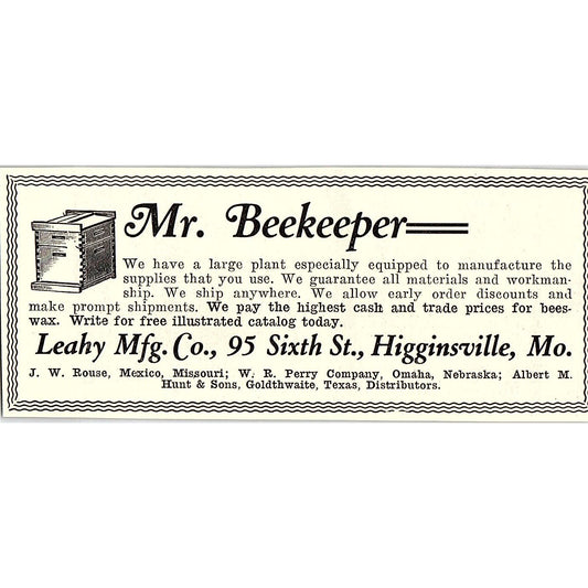Mr. Beekeeper Leahy Mfg Co Higginsville MO JW Rouse WR Perry 1926 Ad AG3-M8
