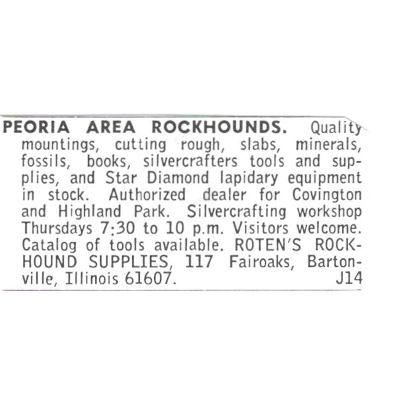 Roten's Rockhound Supplies Bartonville Illinois 1972 Ad AF8-S13