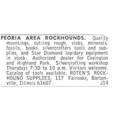 Roten's Rockhound Supplies Bartonville Illinois 1972 Ad AF8-S13