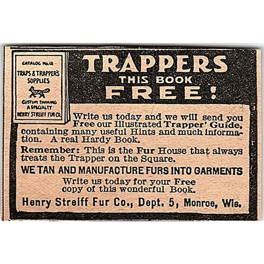 Henry Streiff Fur Co Fur Hide Processing Monroe WI 1920 Ad AG2-M6
