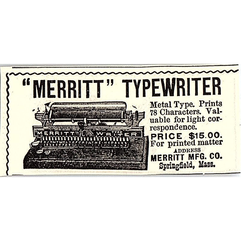 Merritt Typewriter - Merritt Mfg Co Springfield MA 1892 Ad AG2-S26