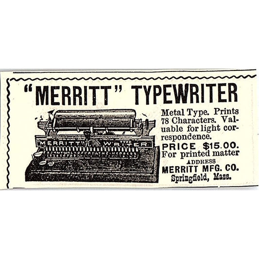 Merritt Typewriter - Merritt Mfg Co Springfield MA 1892 Ad AG2-S26