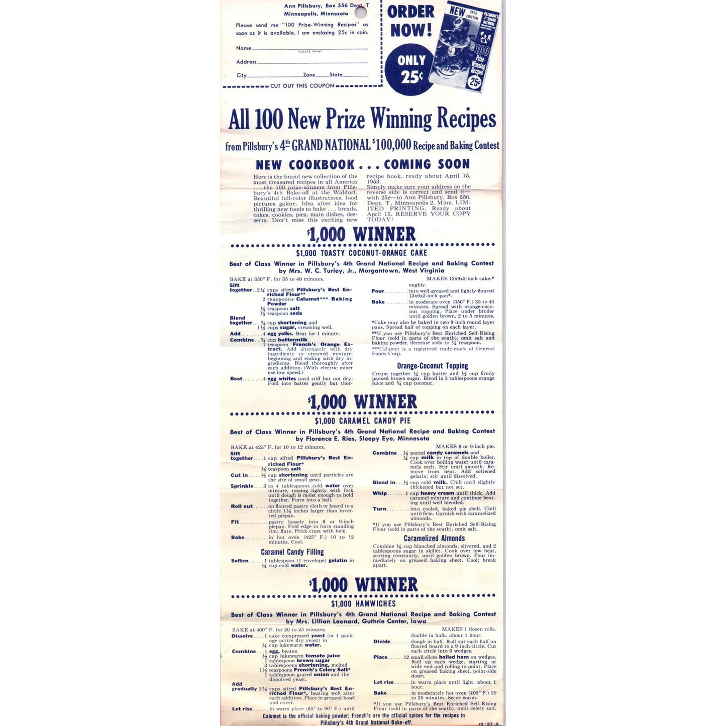 1953 Pillsbury 4th Grand National Annual Bake Off Winning Recipes Leaflet AE2