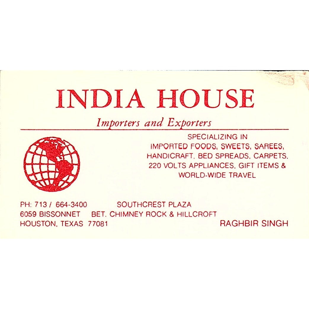 India House Importers & Exporters Raghbir Singh Houston TX Business Card SF3-B4