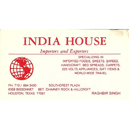 India House Importers & Exporters Raghbir Singh Houston TX Business Card SF3-B4