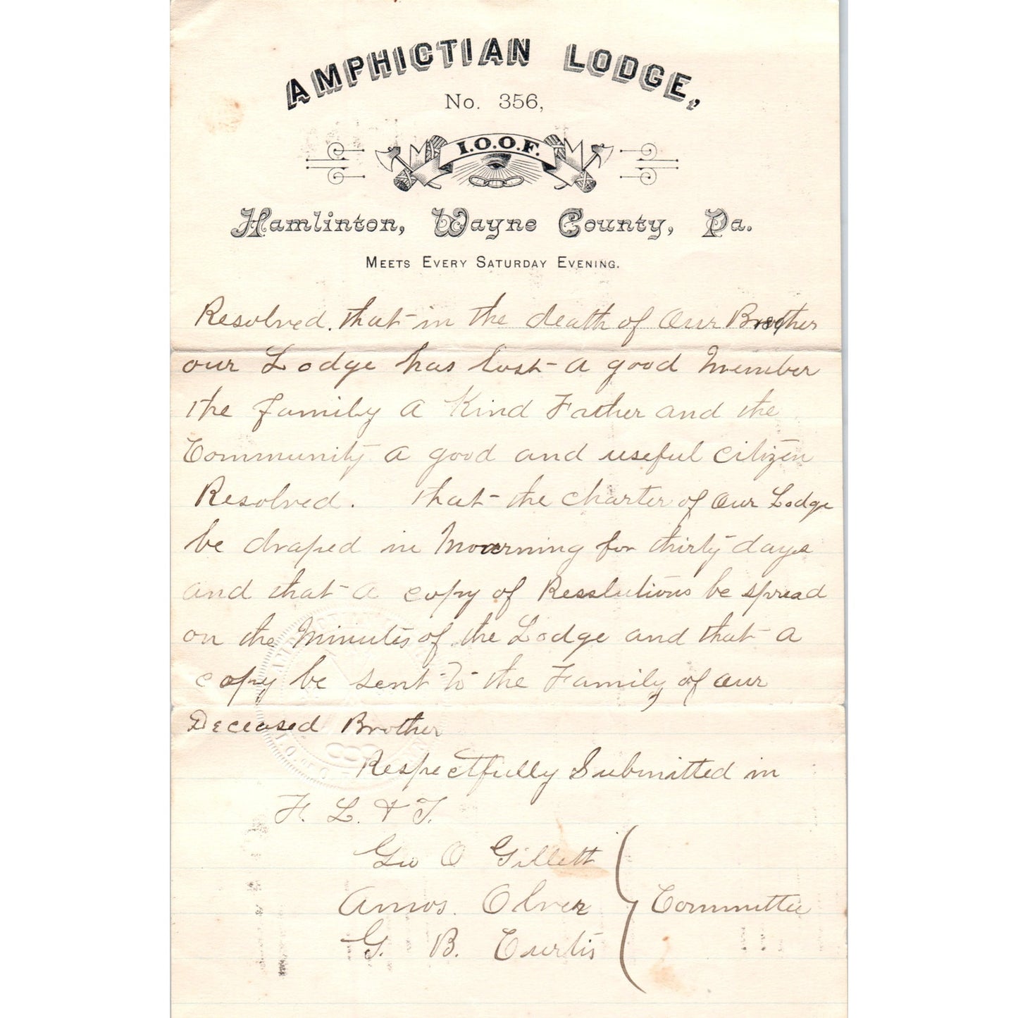 c1900 Amphictian Lodge IOOF Hamilton Wayne County PA Deceased Brother AB6-OD1