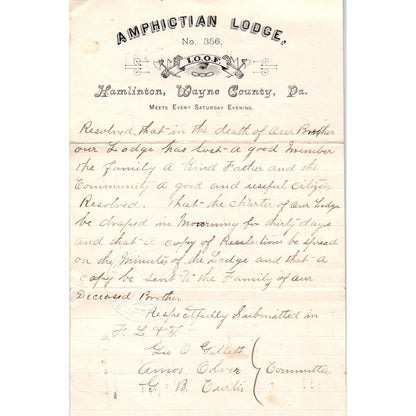c1900 Amphictian Lodge IOOF Hamilton Wayne County PA Deceased Brother AB6-OD1