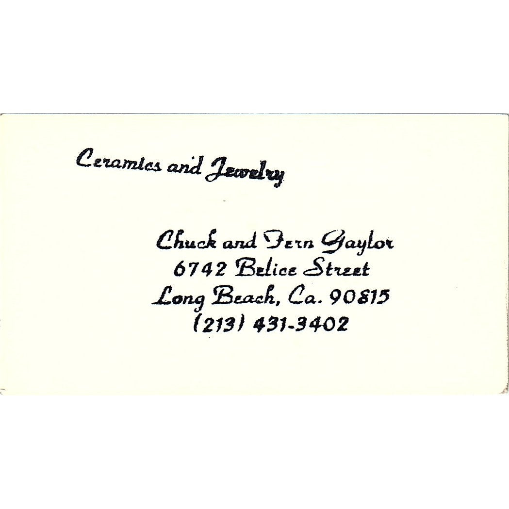 Chuck and Fern Gaylor Ceramics Jewelry Long Beach Vintage Business Card SD9-B5