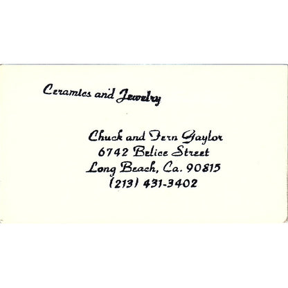 Chuck and Fern Gaylor Ceramics Jewelry Long Beach Vintage Business Card SD9-B5
