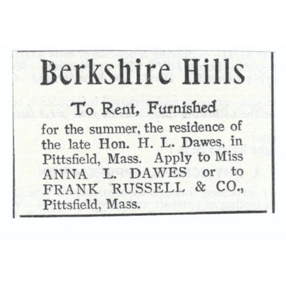 Berkshire Hills Summer Home Anna L. Dawes Frank Russell 1903 Magazine Ad AF7-SS1