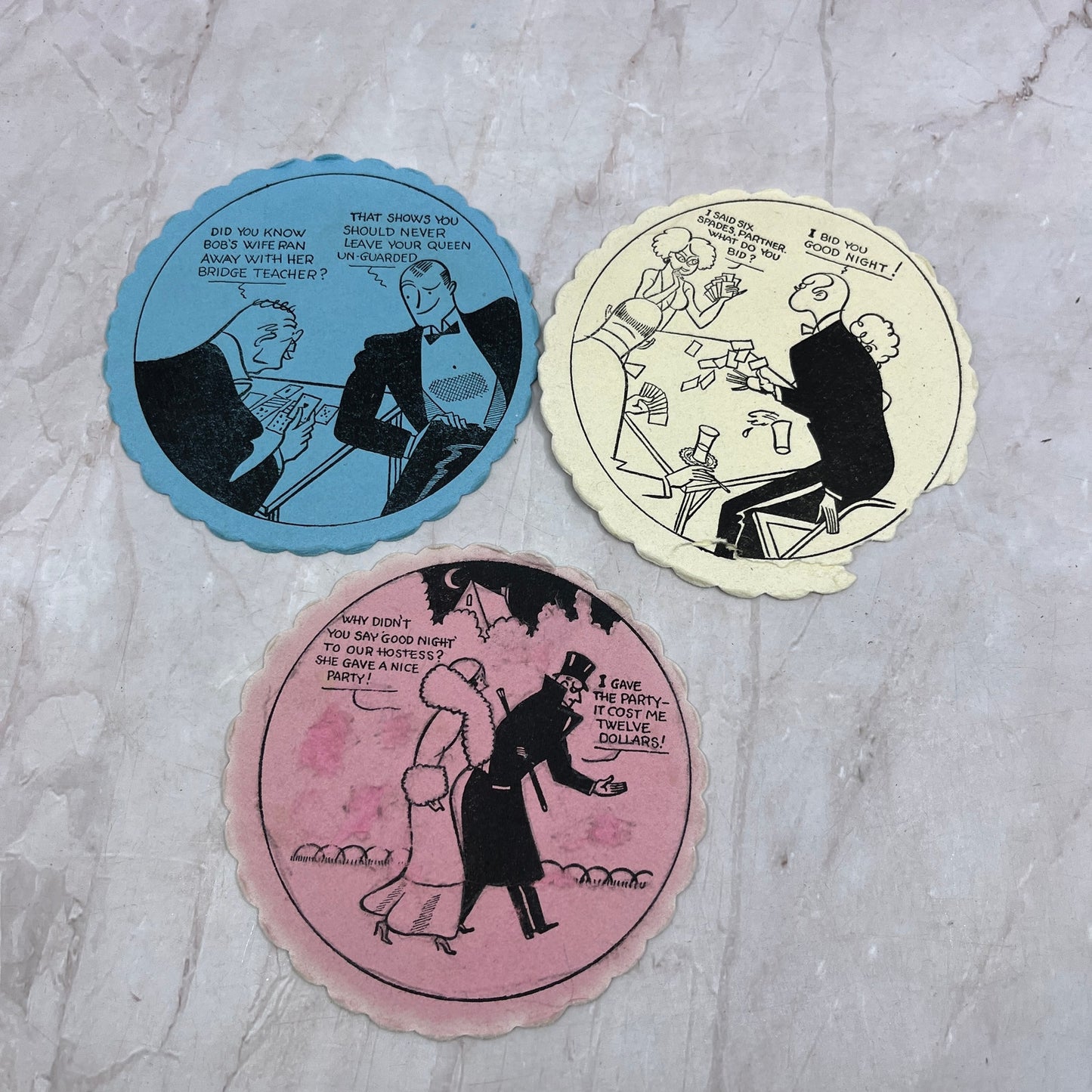 Vintage Bridge Coaster Illustrated Humor Cartoon Set of 3 TH9-BC-4