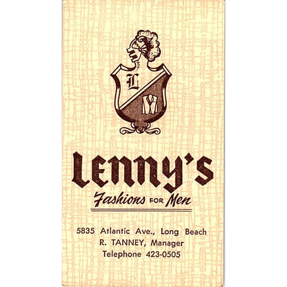 R. Tanney Lenny's Fashions For Men Long Beach Vintage Business Card SD9-B11