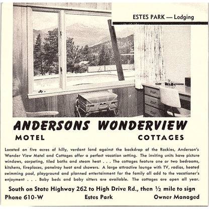 Castle Mountain Lodge, Anderson's Wonderview Motel Denver CO 1958 Ad AG1-H1