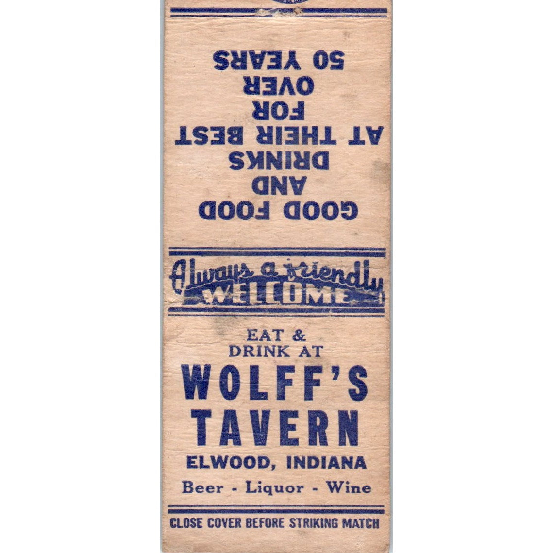 Wolff's Tavern Elwood Indiana Vintage Matchbook Cover SD2-Y5