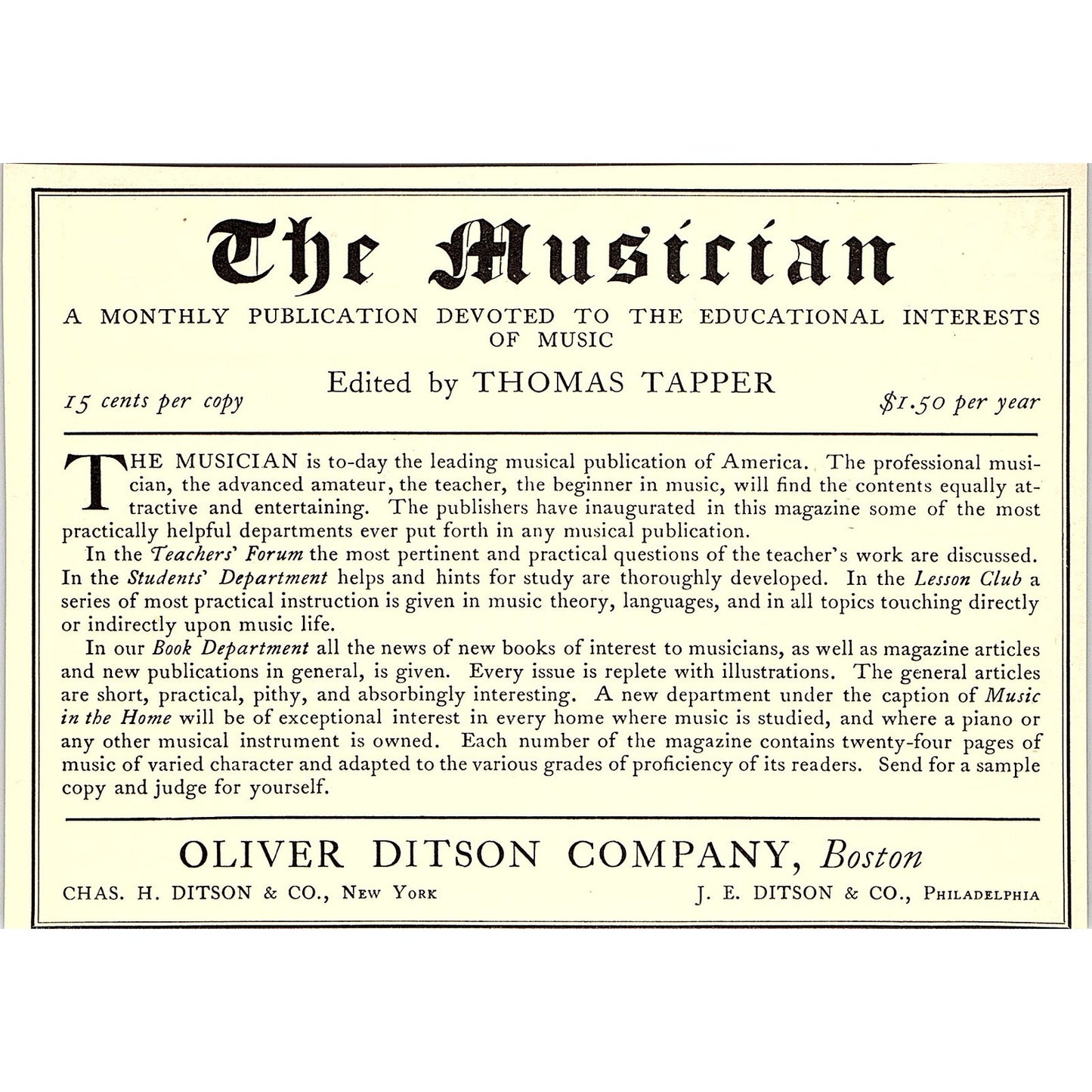 The Musician Thomas Tapper Oliver Ditson Co Boston - 1904 Ad AF5-1