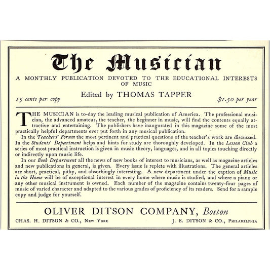 The Musician Thomas Tapper Oliver Ditson Co Boston - 1904 Ad AF5-1