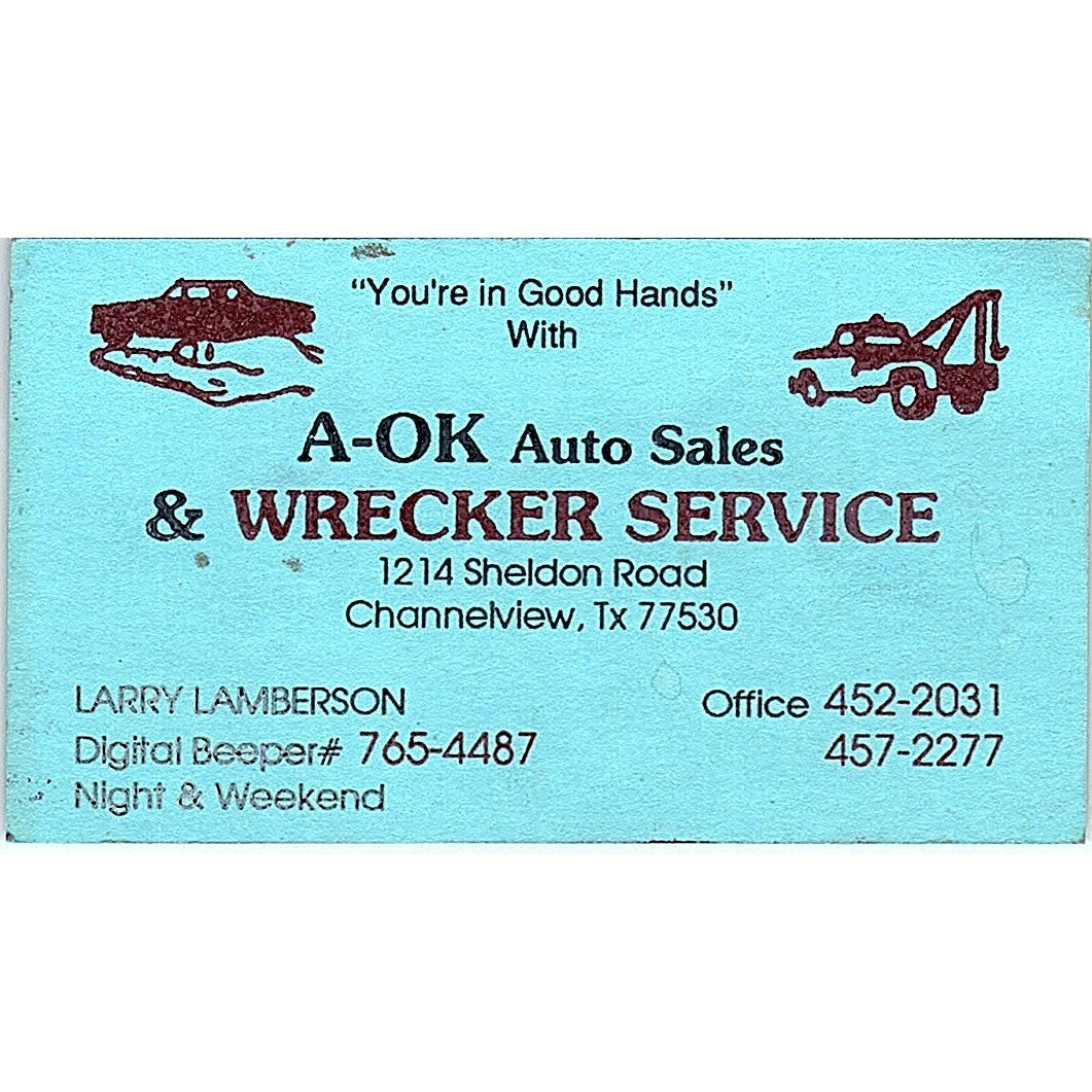 Larry Lamberson A-OK Auto Sales Wrecker Service Channelview Business Card SC9-B7