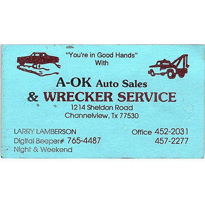 Larry Lamberson A-OK Auto Sales Wrecker Service Channelview Business Card SC9-B7