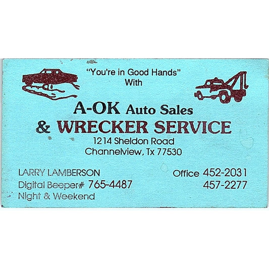 Larry Lamberson A-OK Auto Sales Wrecker Service Channelview Business Card SC9-B7