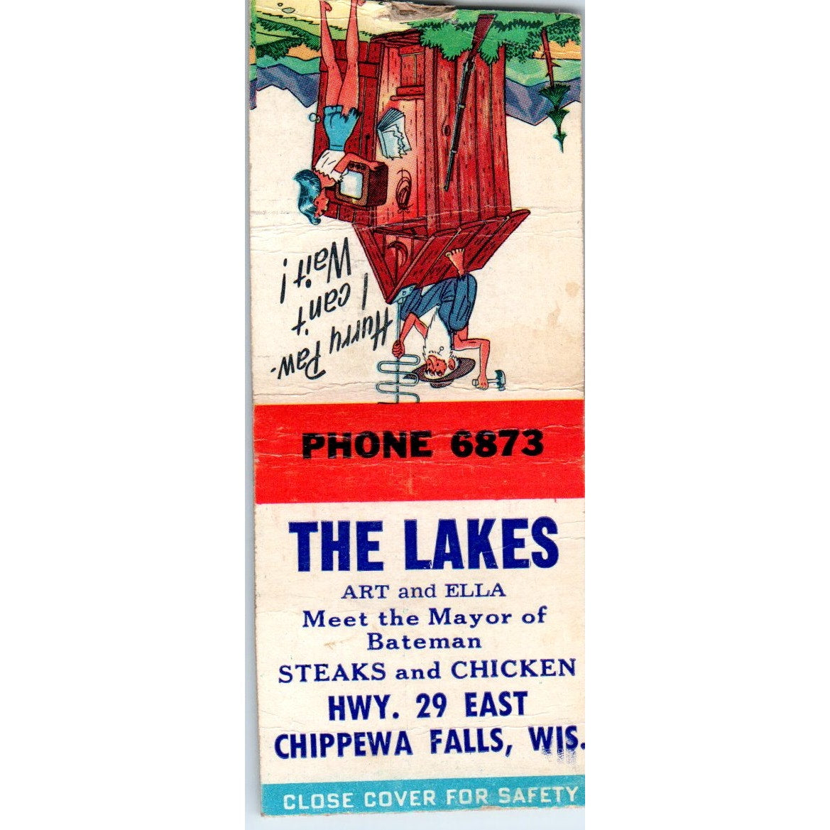 The Lakes Art and Ella Chippewa Falls WI Cartoon Humor Vintage Matchbook SF4-Y1