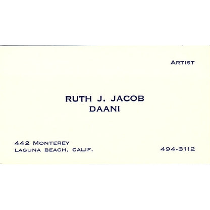 Ruth J Jacob Daani Artist Laguna Beach CA Vintage Business Card SE3-B11
