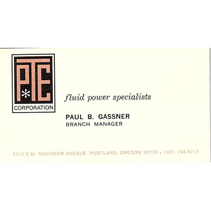 PTE Fluid Power Specialist Paul B. Gassner Portland Oregon Business Card SB4-B2